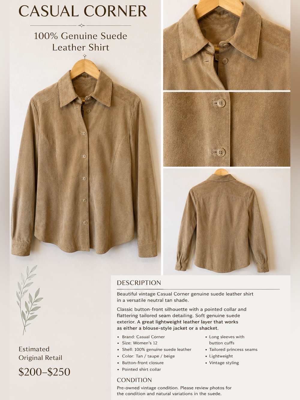 Casual Corner Women's Tan Suede Button-Up Jacket